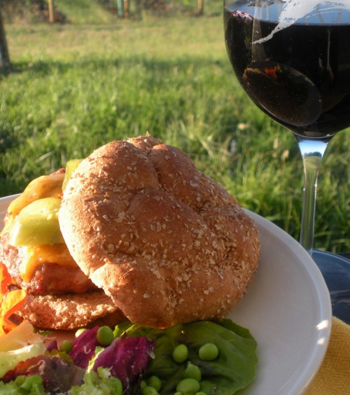 Making the Most of Seasonal Eating: Turkey, cheddar burger with pickled jalepenos, garden salad and Oregon pinot noir:)