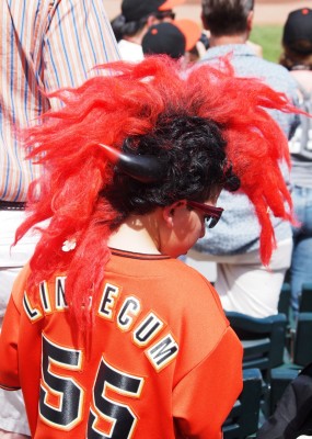 Images of Spring Training Dreams: Crazy fan with orange and black hawk hair 