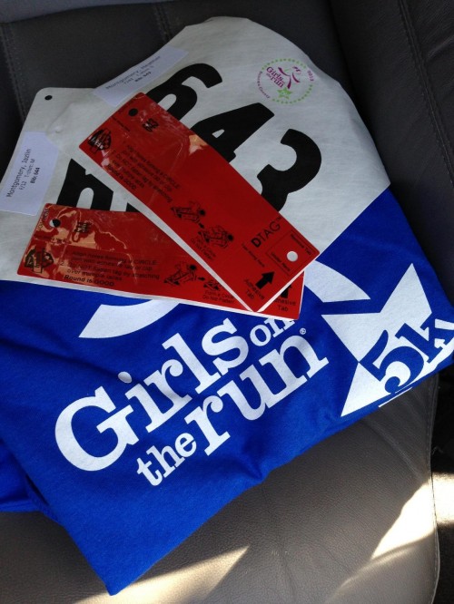 Girls on the Run 5k race bibs and shirts