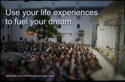 Image of an audience waiting for a speaker with the quote "Use Your life experiences to fuel your dream"