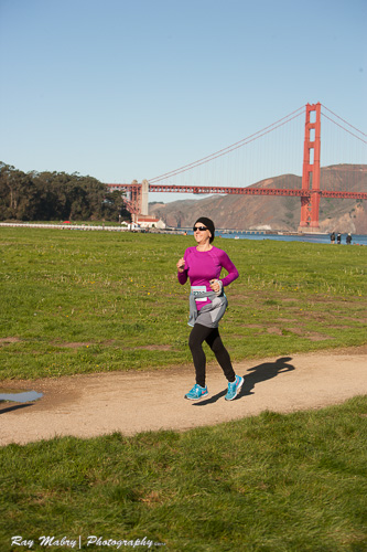 Heather's First 10k Mermaid Run with Golden Gate in background