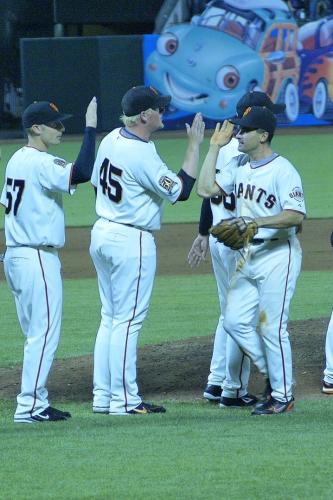 San Francisco Giants high fiving photo by Remy Gervais